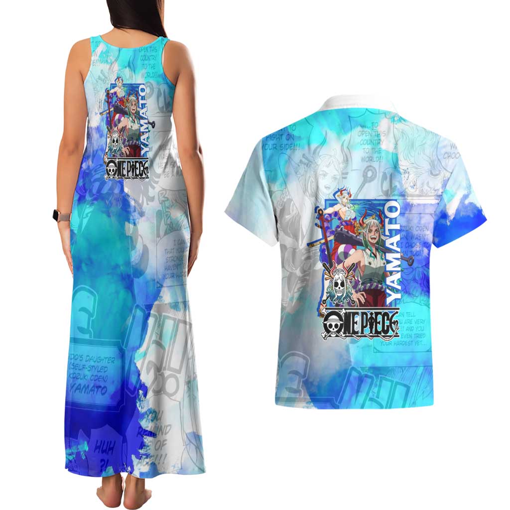Yamato One Piece Blue Cloud Theme Couples Matching Tank Maxi Dress and Hawaiian Shirt with Manga Panels and Oni Horn Character Design - The Mazicc