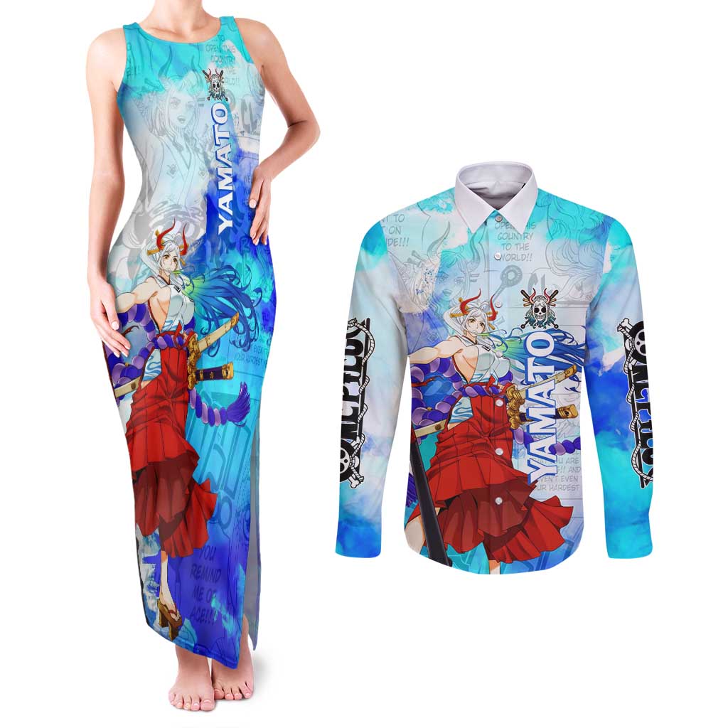 Yamato One Piece Blue Cloud Theme Couples Matching Tank Maxi Dress and Long Sleeve Button Shirt with Manga Panels and Oni Horn Character Design - The Mazicc