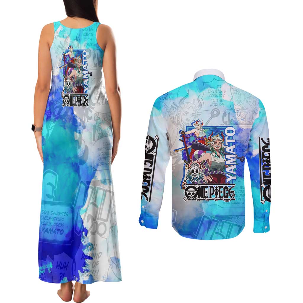 Yamato One Piece Blue Cloud Theme Couples Matching Tank Maxi Dress and Long Sleeve Button Shirt with Manga Panels and Oni Horn Character Design - The Mazicc