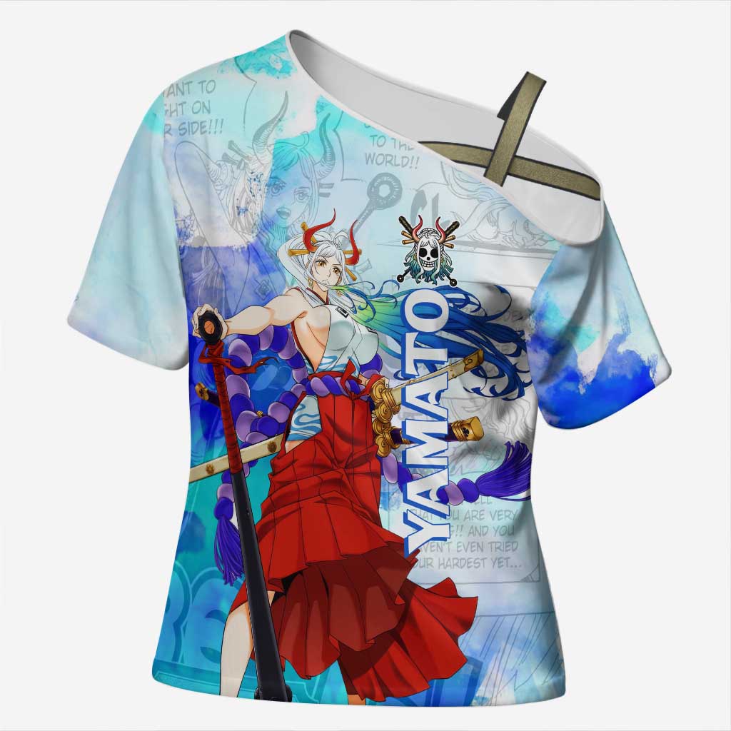 Yamato One Piece Blue Cloud Theme Cross Shoulder Shirt with Manga Panels and Oni Horn Character Design - The Mazicc