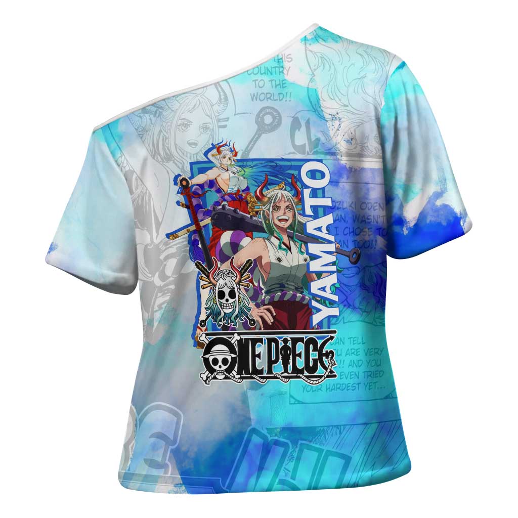 Yamato One Piece Blue Cloud Theme Cross Shoulder Shirt with Manga Panels and Oni Horn Character Design - The Mazicc