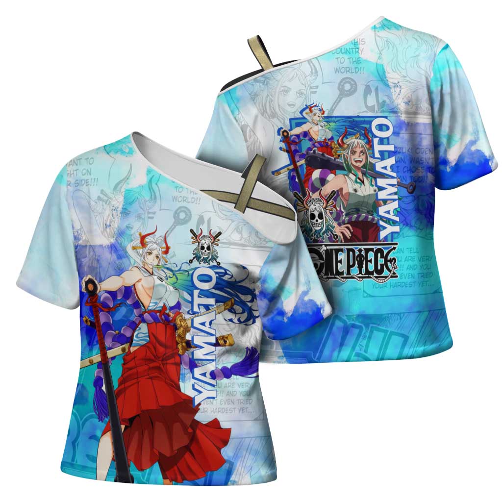 Yamato One Piece Blue Cloud Theme Cross Shoulder Shirt with Manga Panels and Oni Horn Character Design - The Mazicc