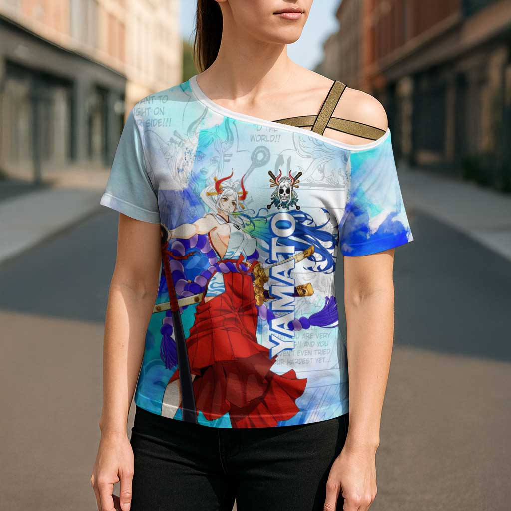 Yamato One Piece Blue Cloud Theme Cross Shoulder Shirt with Manga Panels and Oni Horn Character Design - The Mazicc