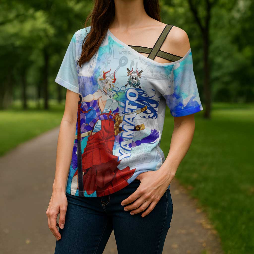 Yamato One Piece Blue Cloud Theme Cross Shoulder Shirt with Manga Panels and Oni Horn Character Design - The Mazicc
