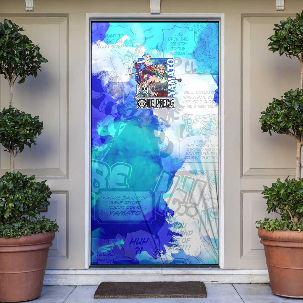 Yamato One Piece Blue Cloud Theme Door Cover with Manga Panels and Oni Horn Character Design - The Mazicc