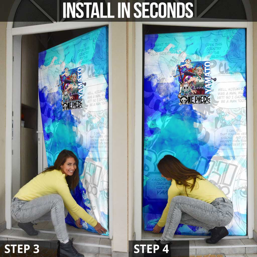 Yamato One Piece Blue Cloud Theme Door Cover with Manga Panels and Oni Horn Character Design - The Mazicc