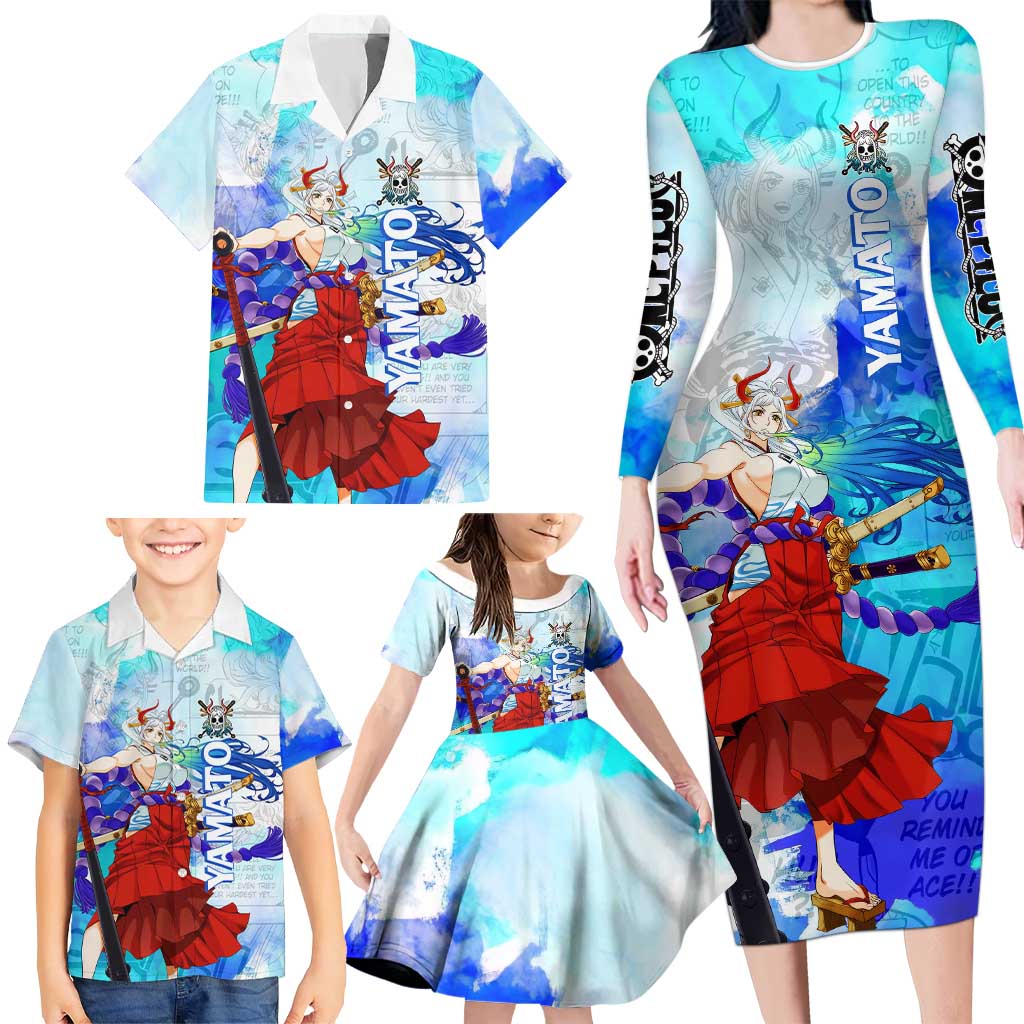 Yamato One Piece Blue Cloud Theme Family Matching Long Sleeve Bodycon Dress and Hawaiian Shirt with Manga Panels and Oni Horn Character Design