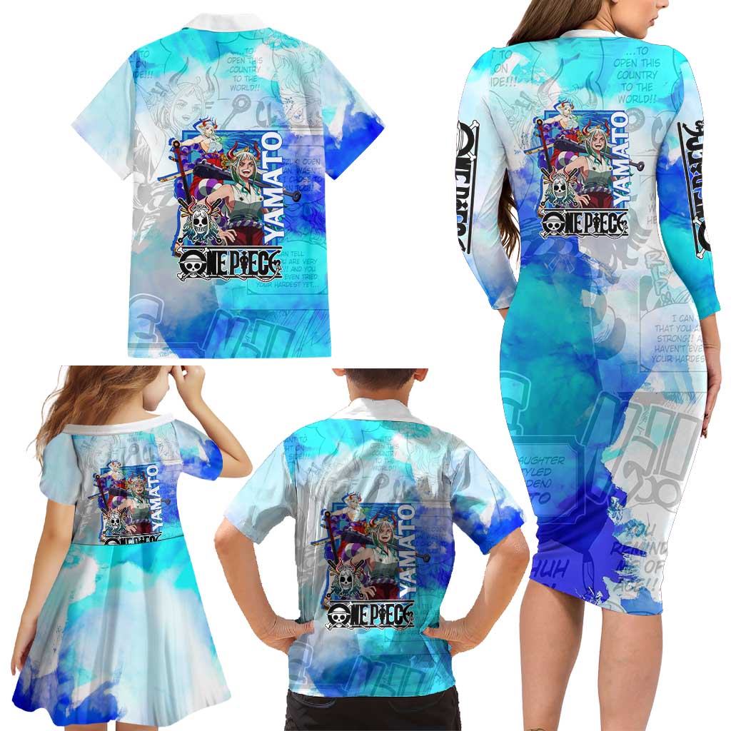 Yamato One Piece Blue Cloud Theme Family Matching Long Sleeve Bodycon Dress and Hawaiian Shirt with Manga Panels and Oni Horn Character Design