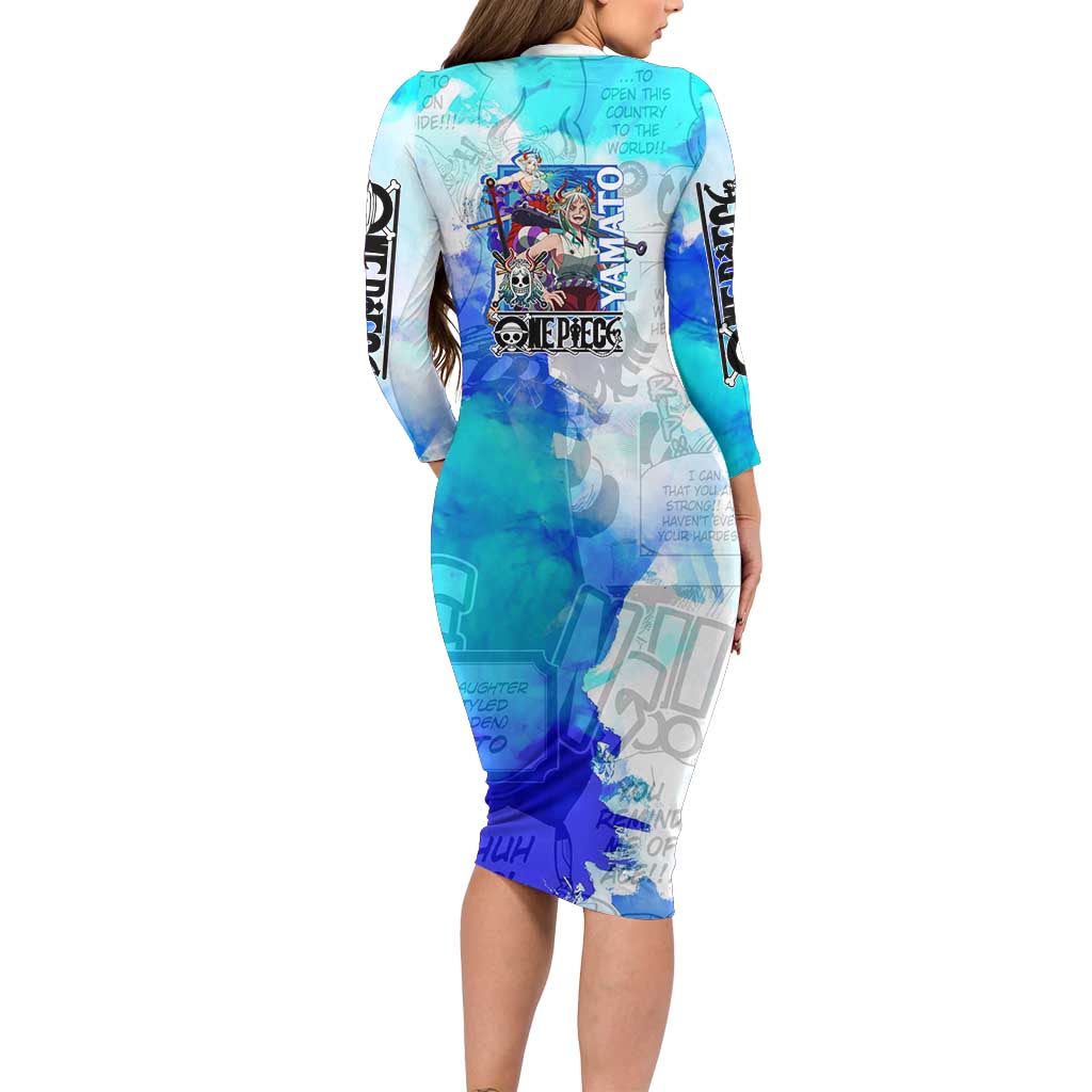 Yamato One Piece Blue Cloud Theme Family Matching Long Sleeve Bodycon Dress and Hawaiian Shirt with Manga Panels and Oni Horn Character Design