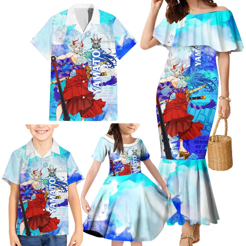 Yamato One Piece Blue Cloud Theme Family Matching Mermaid Dress and Hawaiian Shirt with Manga Panels and Oni Horn Character Design