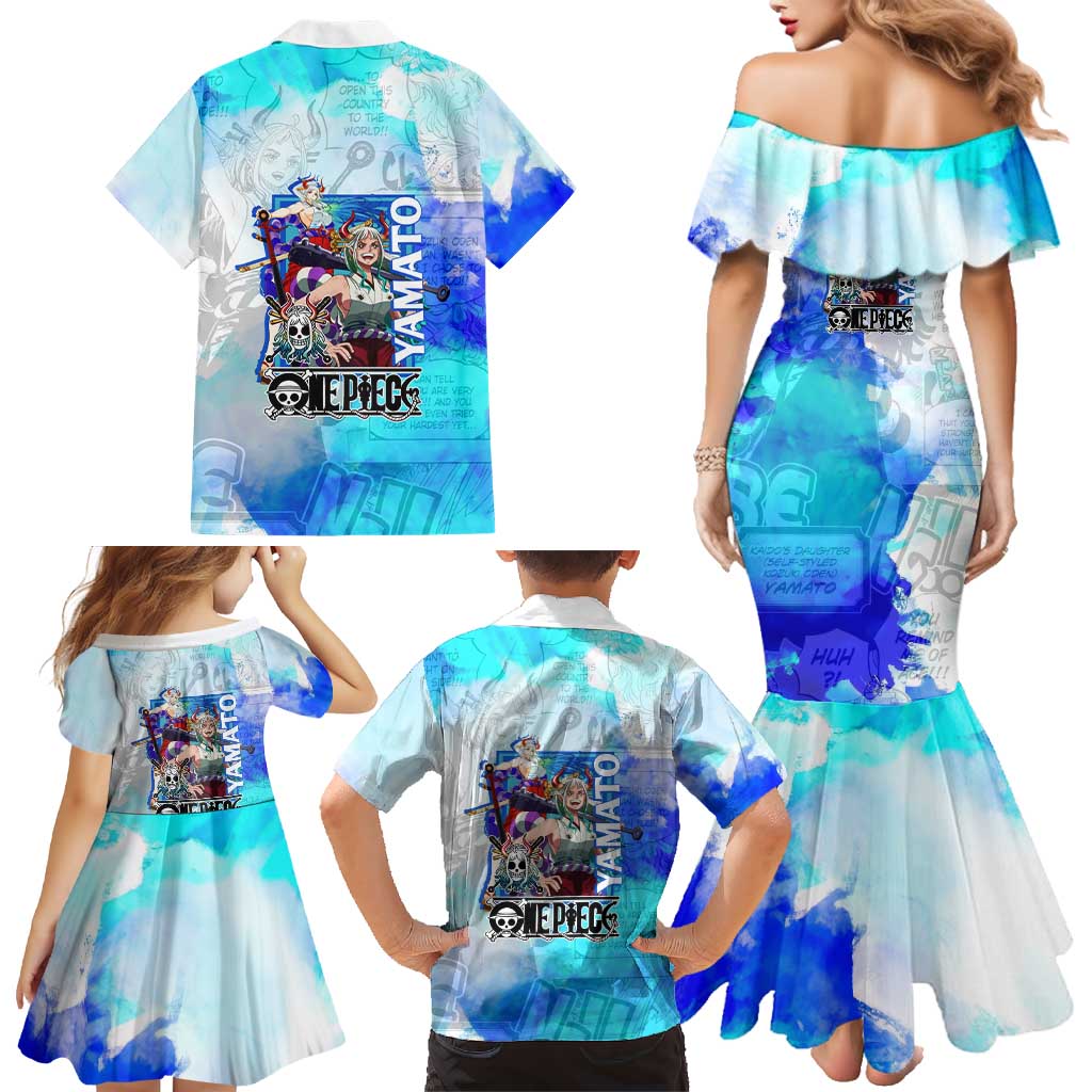Yamato One Piece Blue Cloud Theme Family Matching Mermaid Dress and Hawaiian Shirt with Manga Panels and Oni Horn Character Design