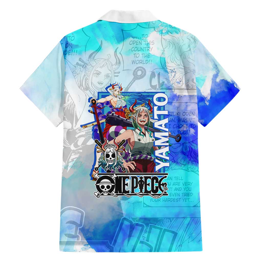 Yamato One Piece Blue Cloud Theme Family Matching Mermaid Dress and Hawaiian Shirt with Manga Panels and Oni Horn Character Design
