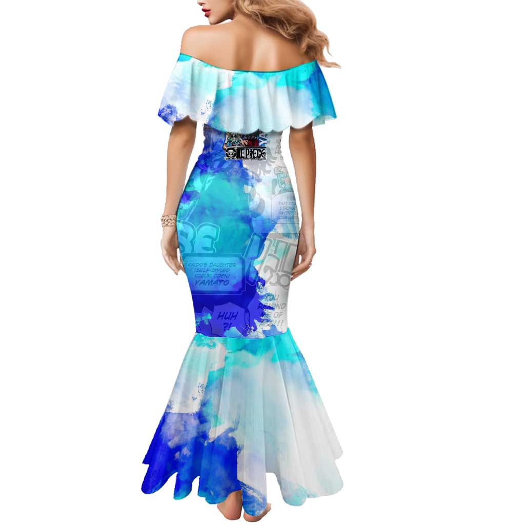 Yamato One Piece Blue Cloud Theme Family Matching Mermaid Dress and Hawaiian Shirt with Manga Panels and Oni Horn Character Design