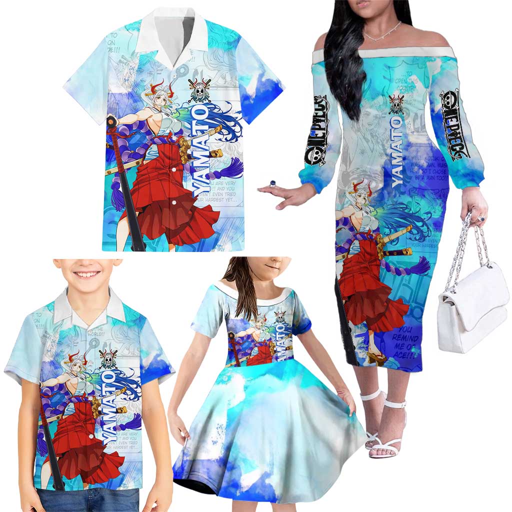 Yamato One Piece Blue Cloud Theme Family Matching Off The Shoulder Long Sleeve Dress and Hawaiian Shirt with Manga Panels and Oni Horn Character Design