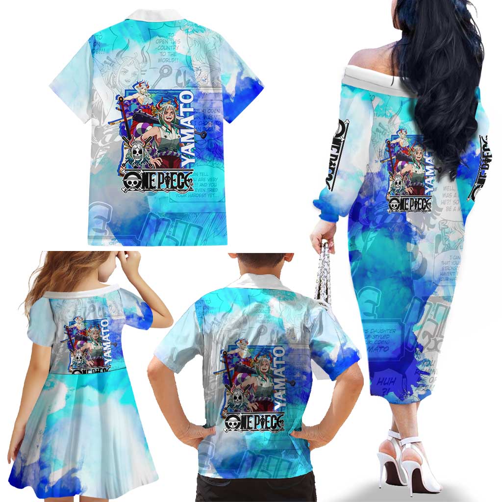 Yamato One Piece Blue Cloud Theme Family Matching Off The Shoulder Long Sleeve Dress and Hawaiian Shirt with Manga Panels and Oni Horn Character Design