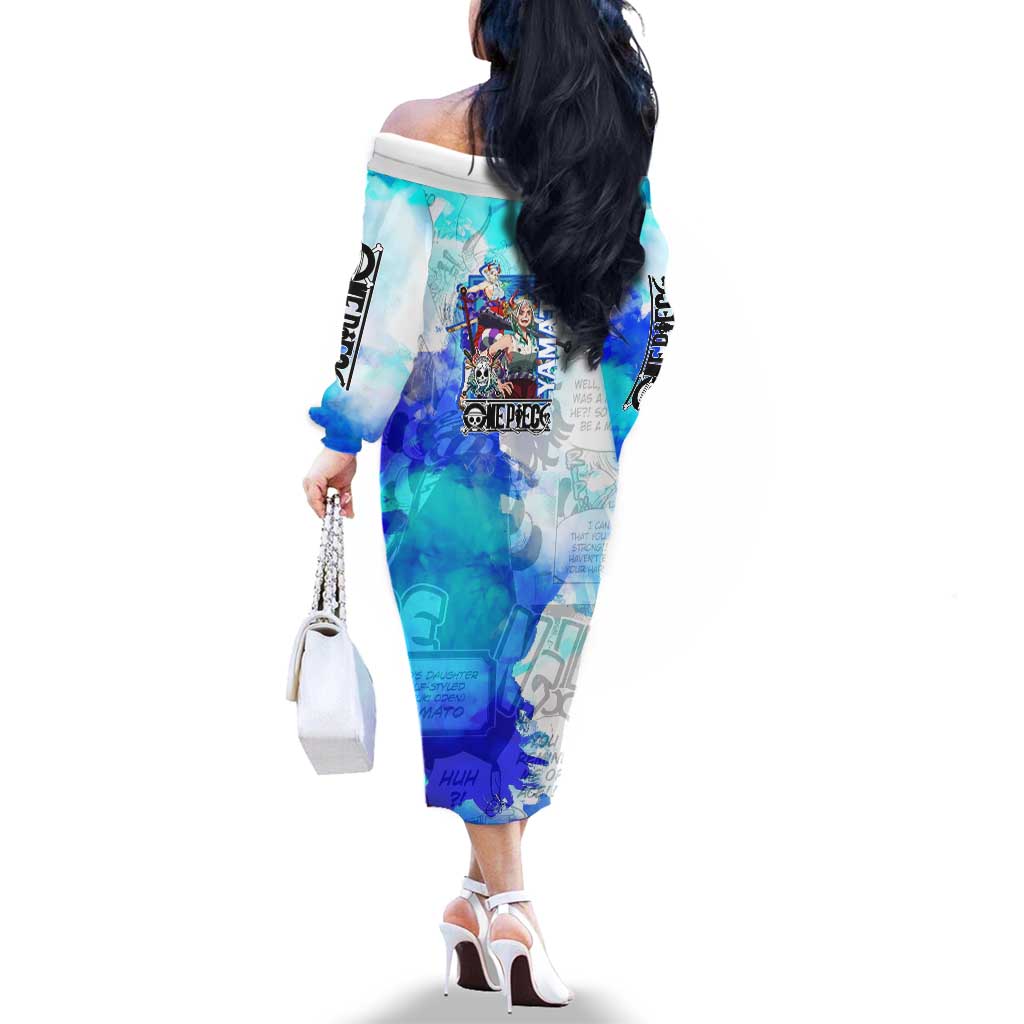 Yamato One Piece Blue Cloud Theme Family Matching Off The Shoulder Long Sleeve Dress and Hawaiian Shirt with Manga Panels and Oni Horn Character Design