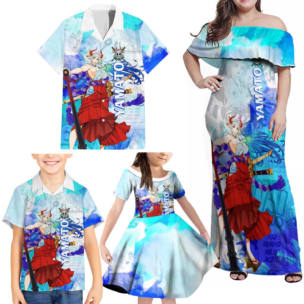 Yamato One Piece Blue Cloud Theme Family Matching Off Shoulder Maxi Dress and Hawaiian Shirt with Manga Panels and Oni Horn Character Design