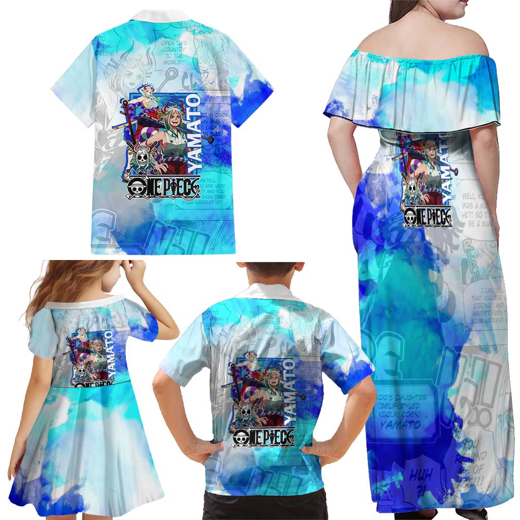 Yamato One Piece Blue Cloud Theme Family Matching Off Shoulder Maxi Dress and Hawaiian Shirt with Manga Panels and Oni Horn Character Design