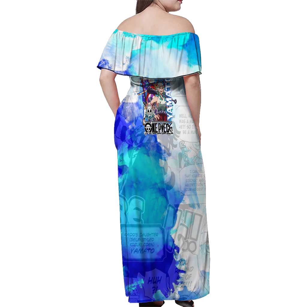 Yamato One Piece Blue Cloud Theme Family Matching Off Shoulder Maxi Dress and Hawaiian Shirt with Manga Panels and Oni Horn Character Design