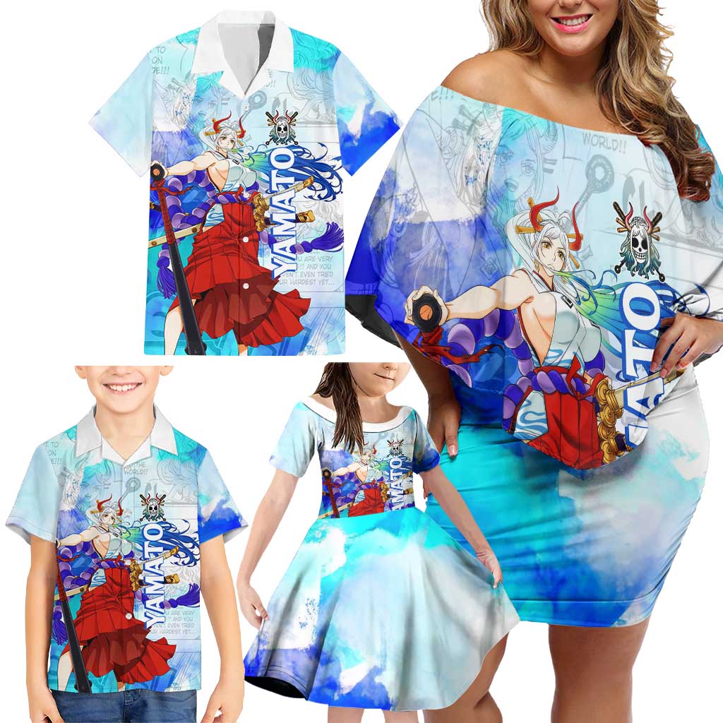 Yamato One Piece Blue Cloud Theme Family Matching Off Shoulder Short Dress and Hawaiian Shirt with Manga Panels and Oni Horn Character Design