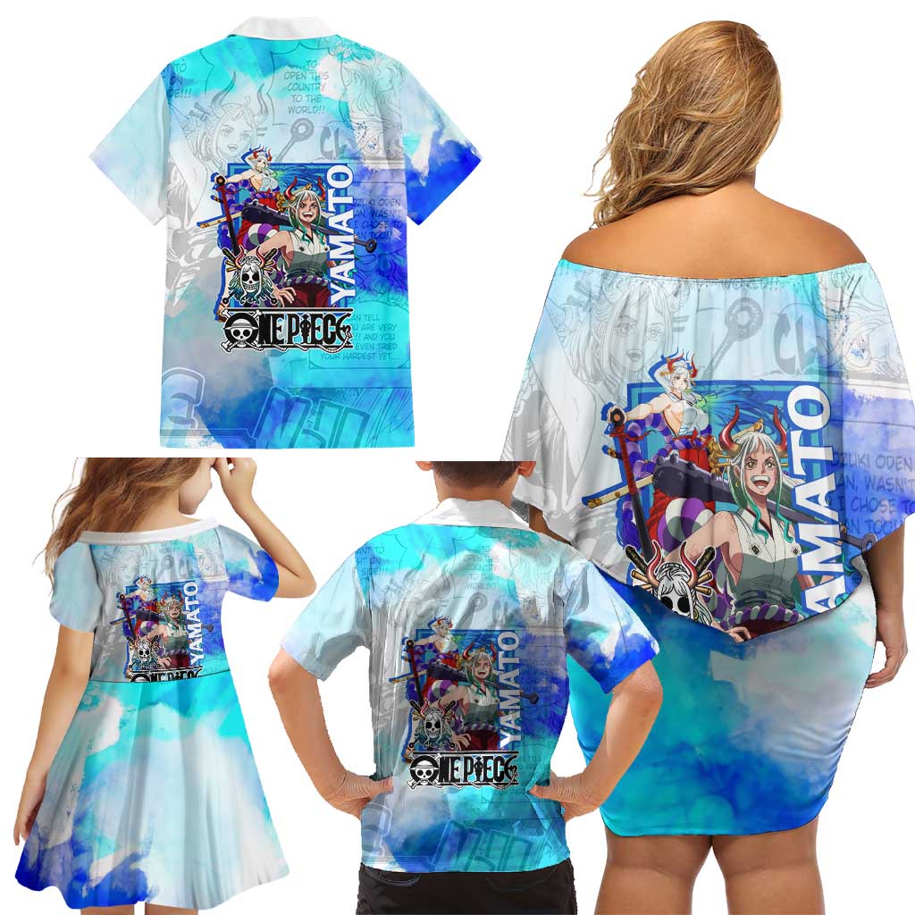 Yamato One Piece Blue Cloud Theme Family Matching Off Shoulder Short Dress and Hawaiian Shirt with Manga Panels and Oni Horn Character Design