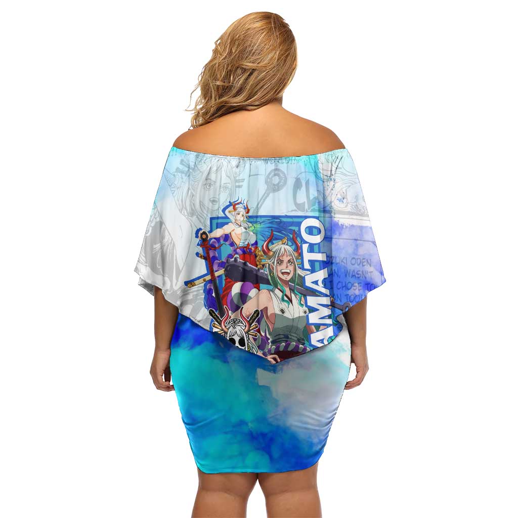 Yamato One Piece Blue Cloud Theme Family Matching Off Shoulder Short Dress and Hawaiian Shirt with Manga Panels and Oni Horn Character Design