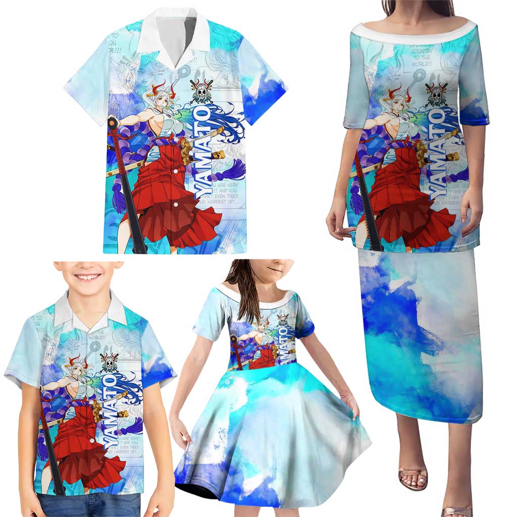 Yamato One Piece Blue Cloud Theme Family Matching Puletasi and Hawaiian Shirt with Manga Panels and Oni Horn Character Design