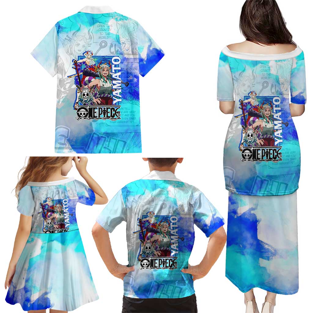 Yamato One Piece Blue Cloud Theme Family Matching Puletasi and Hawaiian Shirt with Manga Panels and Oni Horn Character Design