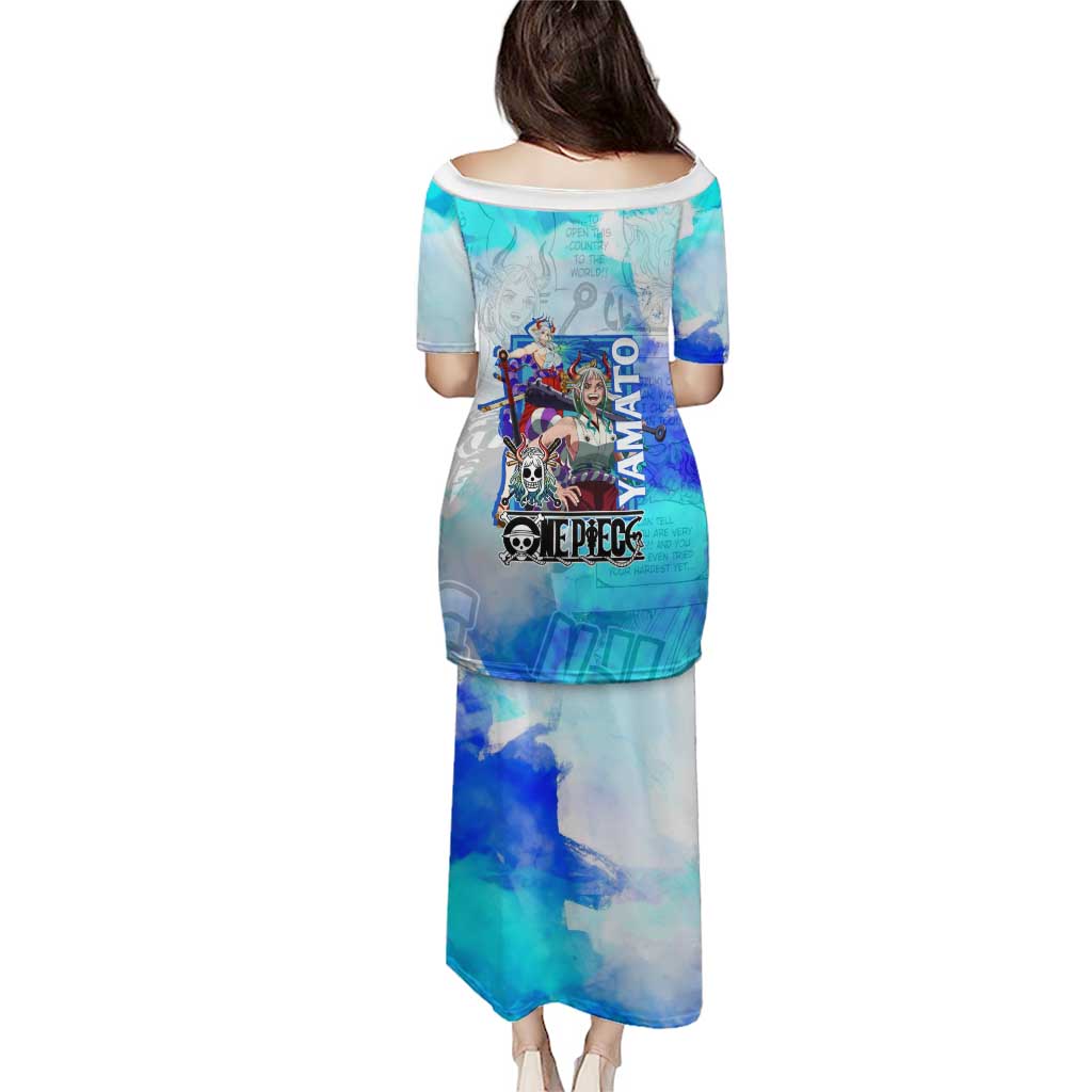 Yamato One Piece Blue Cloud Theme Family Matching Puletasi and Hawaiian Shirt with Manga Panels and Oni Horn Character Design