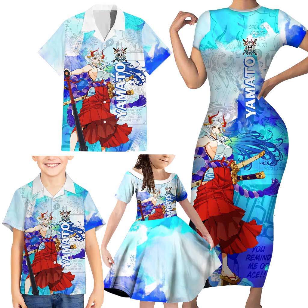 Yamato One Piece Blue Cloud Theme Family Matching Short Sleeve Bodycon Dress and Hawaiian Shirt with Manga Panels and Oni Horn Character Design