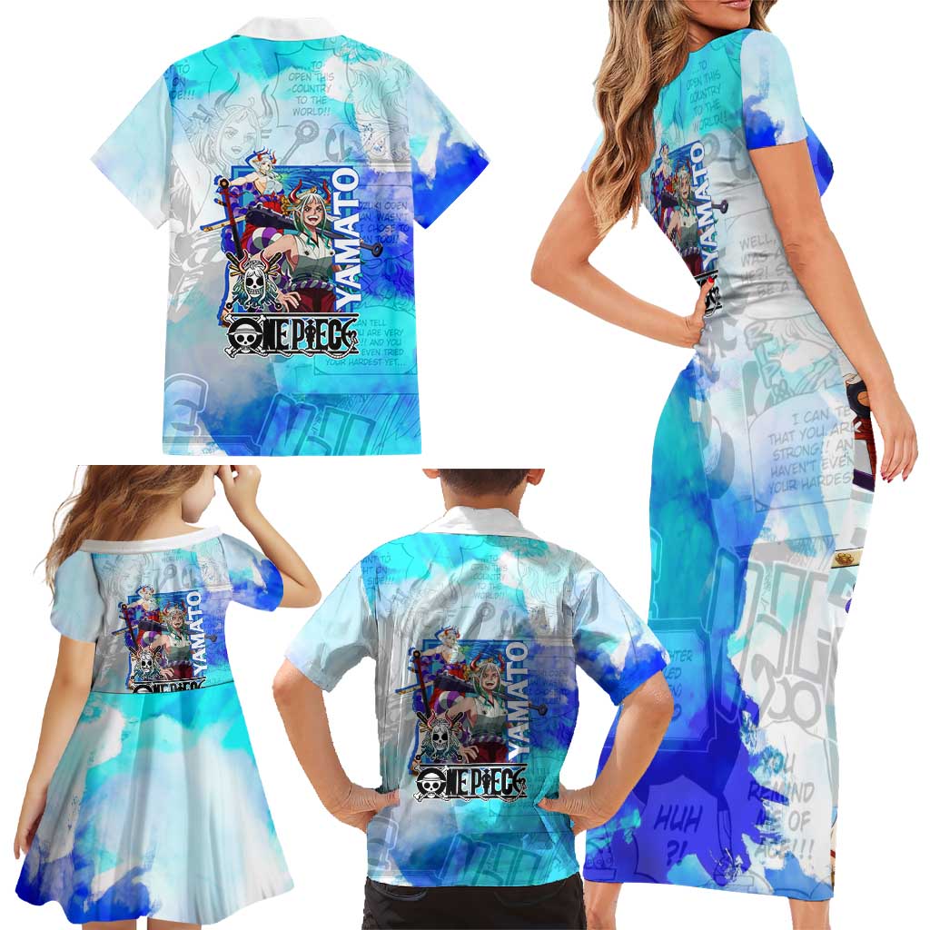 Yamato One Piece Blue Cloud Theme Family Matching Short Sleeve Bodycon Dress and Hawaiian Shirt with Manga Panels and Oni Horn Character Design