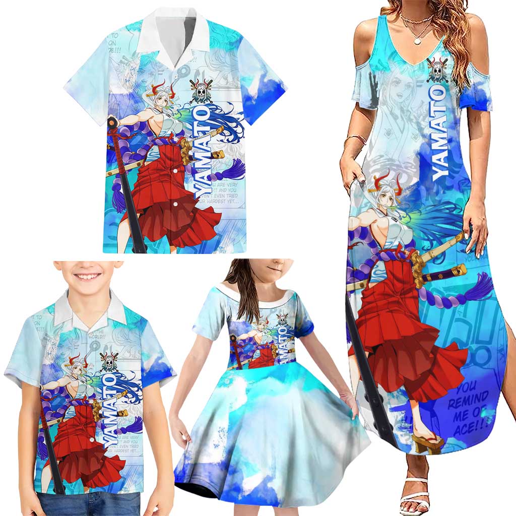 Yamato One Piece Blue Cloud Theme Family Matching Summer Maxi Dress and Hawaiian Shirt with Manga Panels and Oni Horn Character Design
