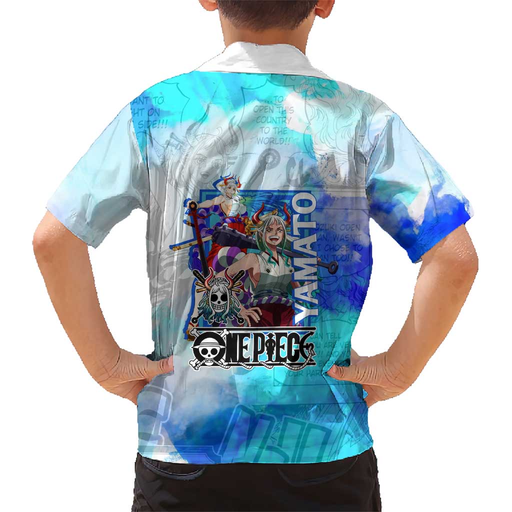 Yamato One Piece Blue Cloud Theme Family Matching Summer Maxi Dress and Hawaiian Shirt with Manga Panels and Oni Horn Character Design