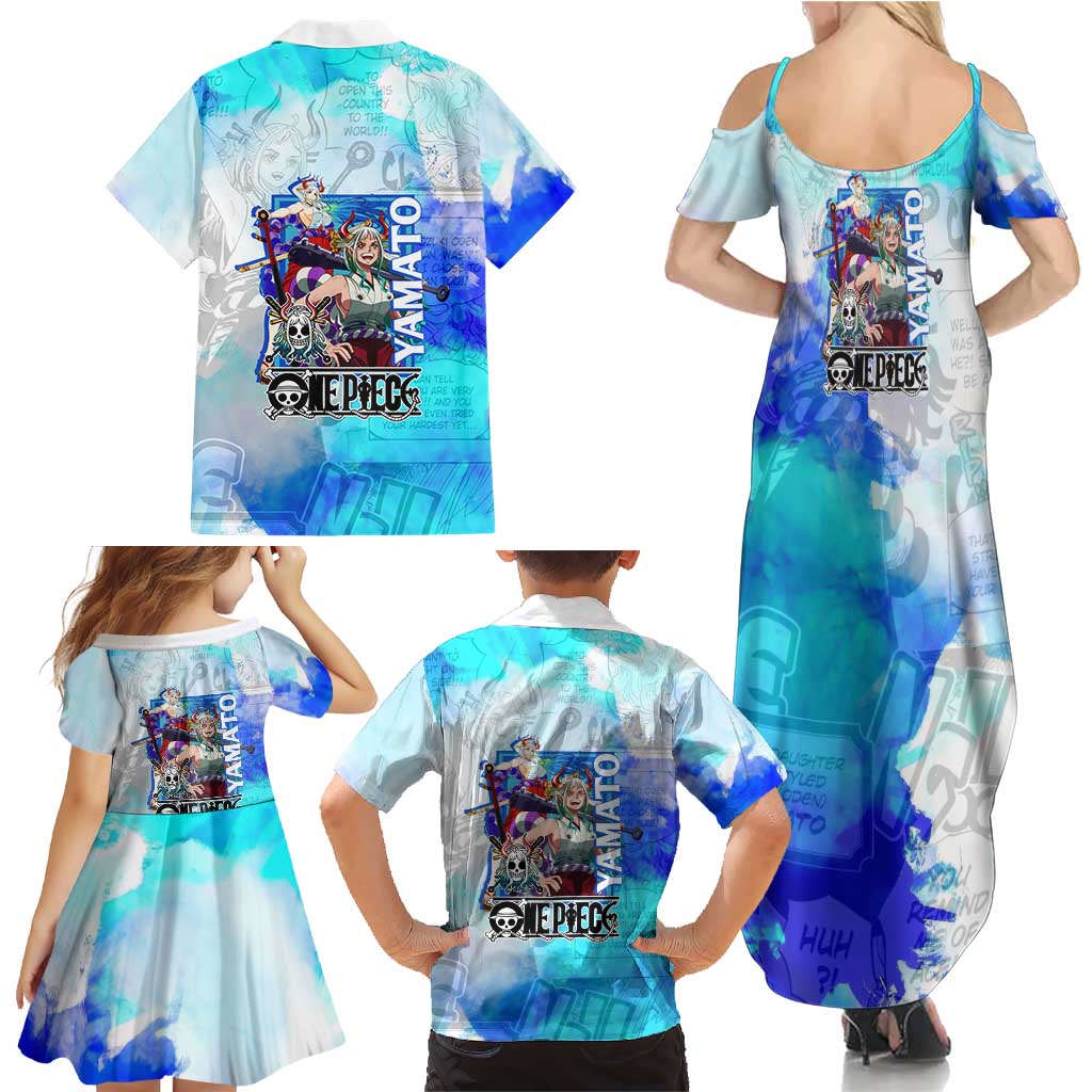 Yamato One Piece Blue Cloud Theme Family Matching Summer Maxi Dress and Hawaiian Shirt with Manga Panels and Oni Horn Character Design