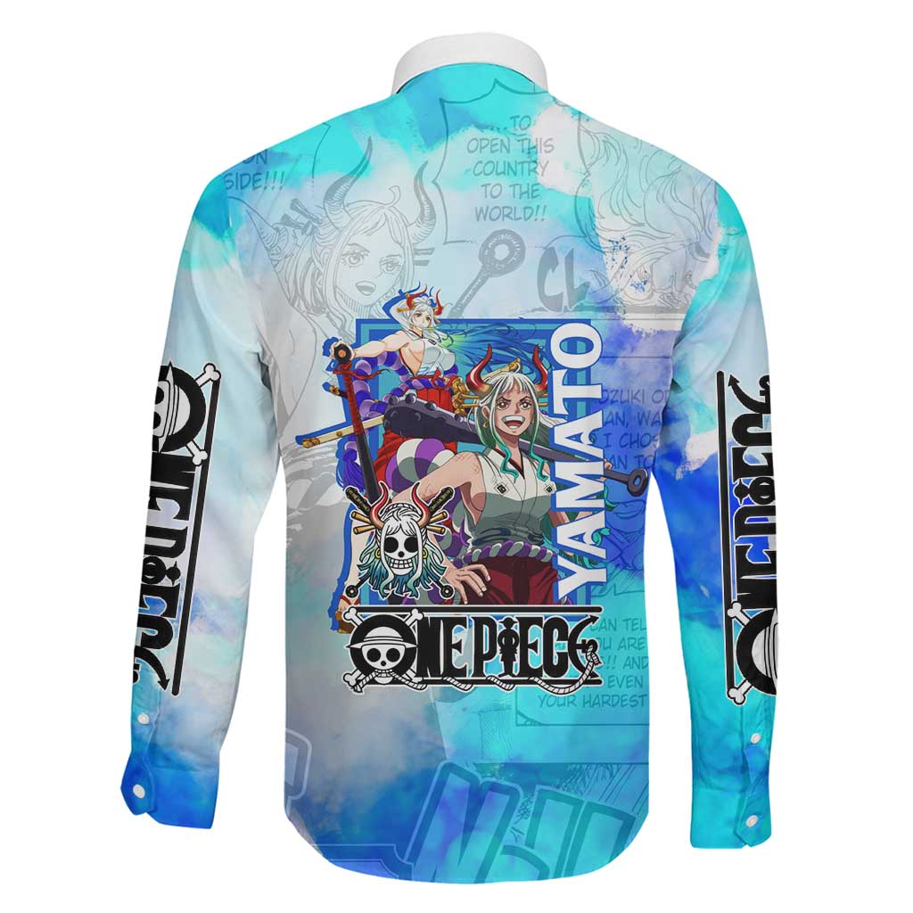 Yamato One Piece Blue Cloud Theme Family Matching Summer Maxi Dress and Hawaiian Shirt with Manga Panels and Oni Horn Character Design