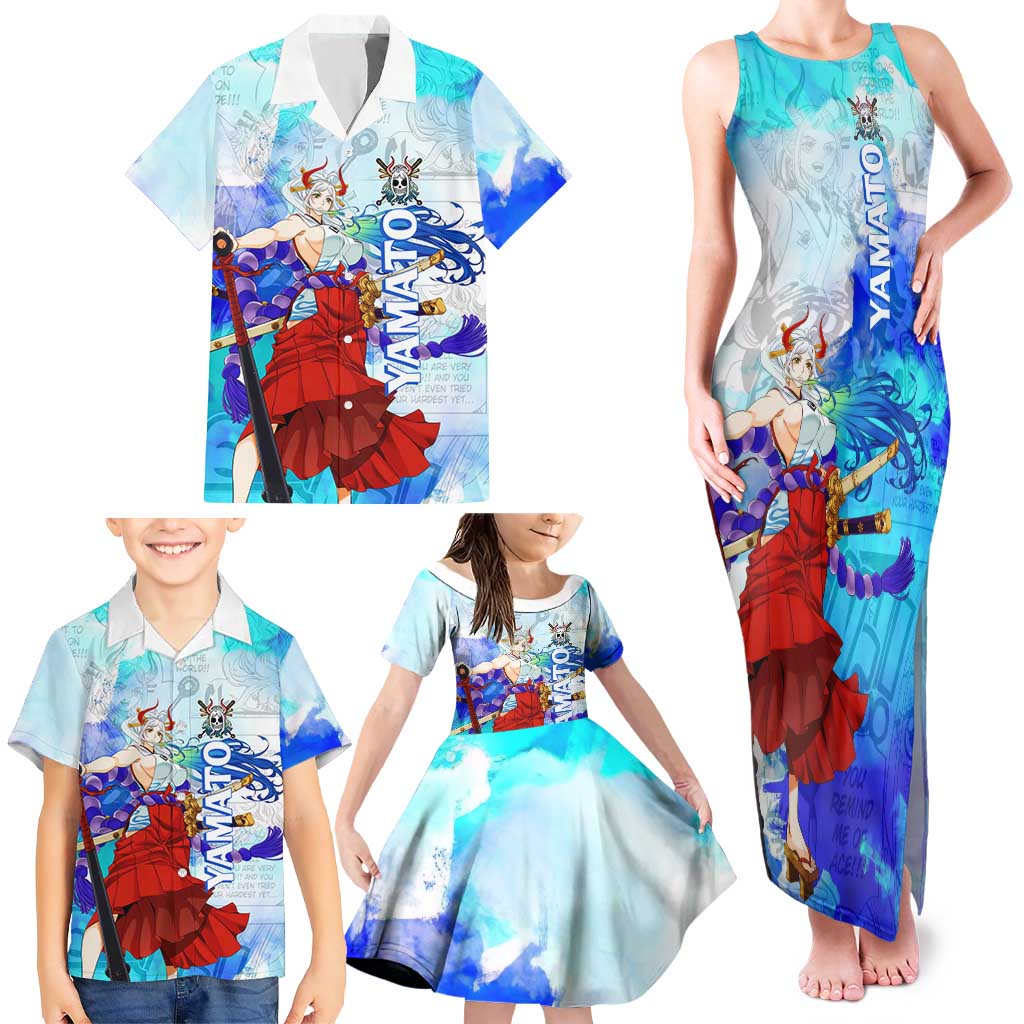 Yamato One Piece Blue Cloud Theme Family Matching Tank Maxi Dress and Hawaiian Shirt with Manga Panels and Oni Horn Character Design