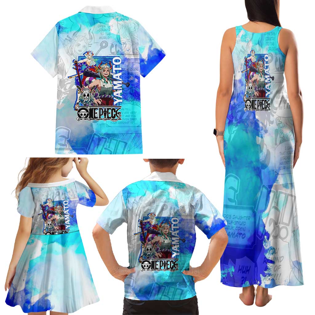 Yamato One Piece Blue Cloud Theme Family Matching Tank Maxi Dress and Hawaiian Shirt with Manga Panels and Oni Horn Character Design