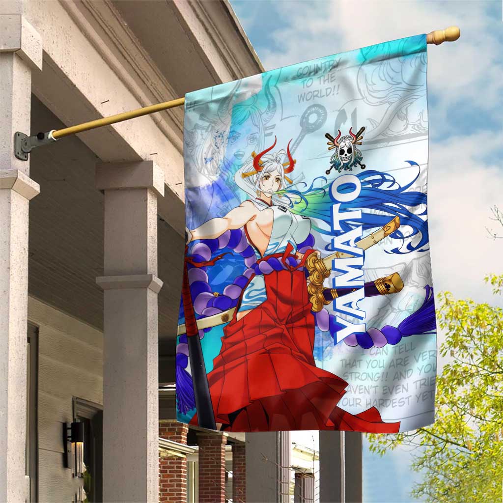 Yamato One Piece Blue Cloud Theme Garden Flag with Manga Panels and Oni Horn Character Design - The Mazicc