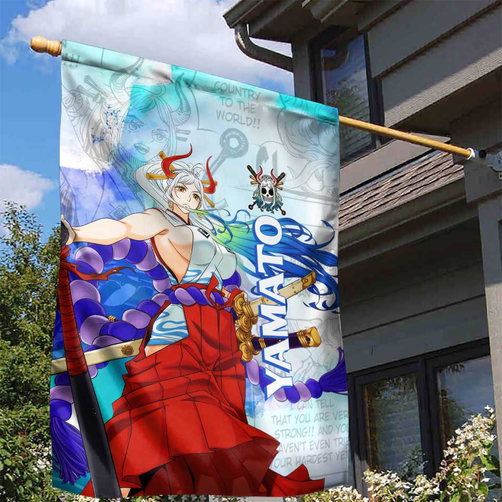 Yamato One Piece Blue Cloud Theme Garden Flag with Manga Panels and Oni Horn Character Design - The Mazicc
