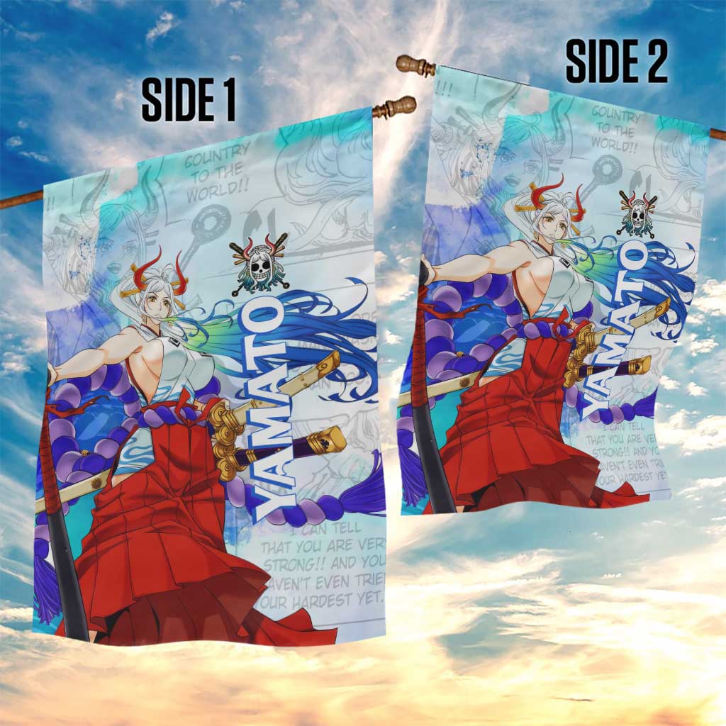 Yamato One Piece Blue Cloud Theme Garden Flag with Manga Panels and Oni Horn Character Design - The Mazicc
