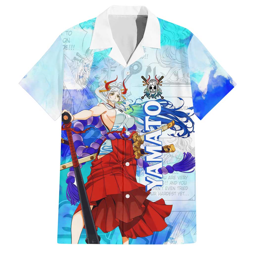 Yamato One Piece Blue Cloud Theme Hawaiian Shirt with Manga Panels and Oni Horn Character Design - The Mazicc