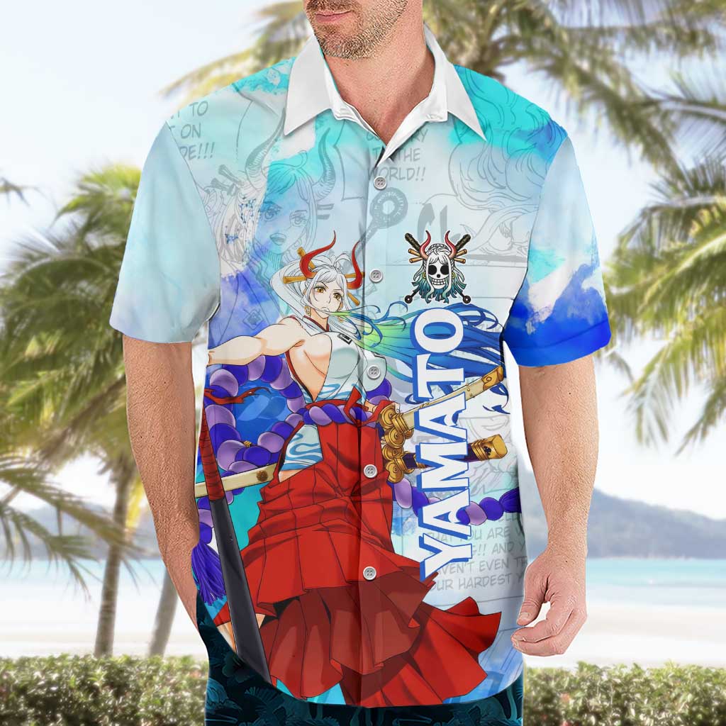 Yamato One Piece Blue Cloud Theme Hawaiian Shirt with Manga Panels and Oni Horn Character Design - The Mazicc