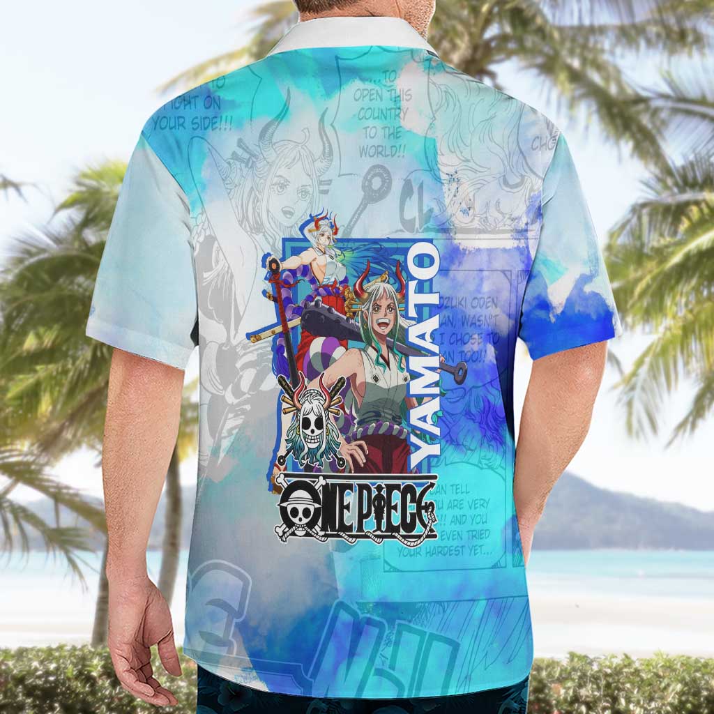 Yamato One Piece Blue Cloud Theme Hawaiian Shirt with Manga Panels and Oni Horn Character Design - The Mazicc