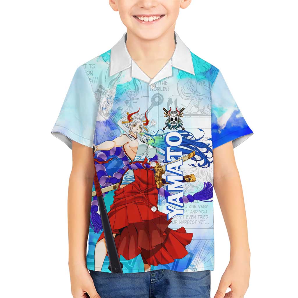 Yamato One Piece Blue Cloud Theme Hawaiian Shirt with Manga Panels and Oni Horn Character Design - The Mazicc
