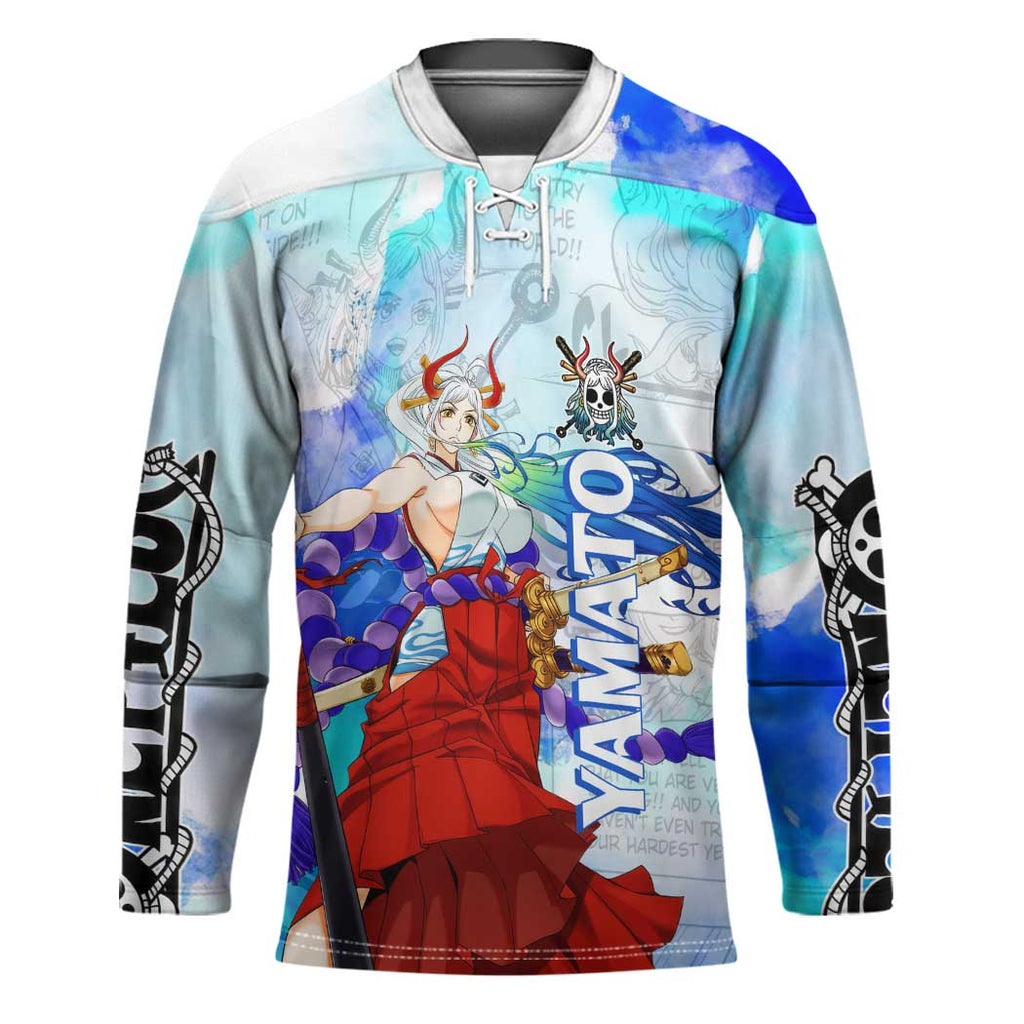 Yamato One Piece Blue Cloud Theme Hockey Jersey with Manga Panels and Oni Horn Character Design - The Mazicc