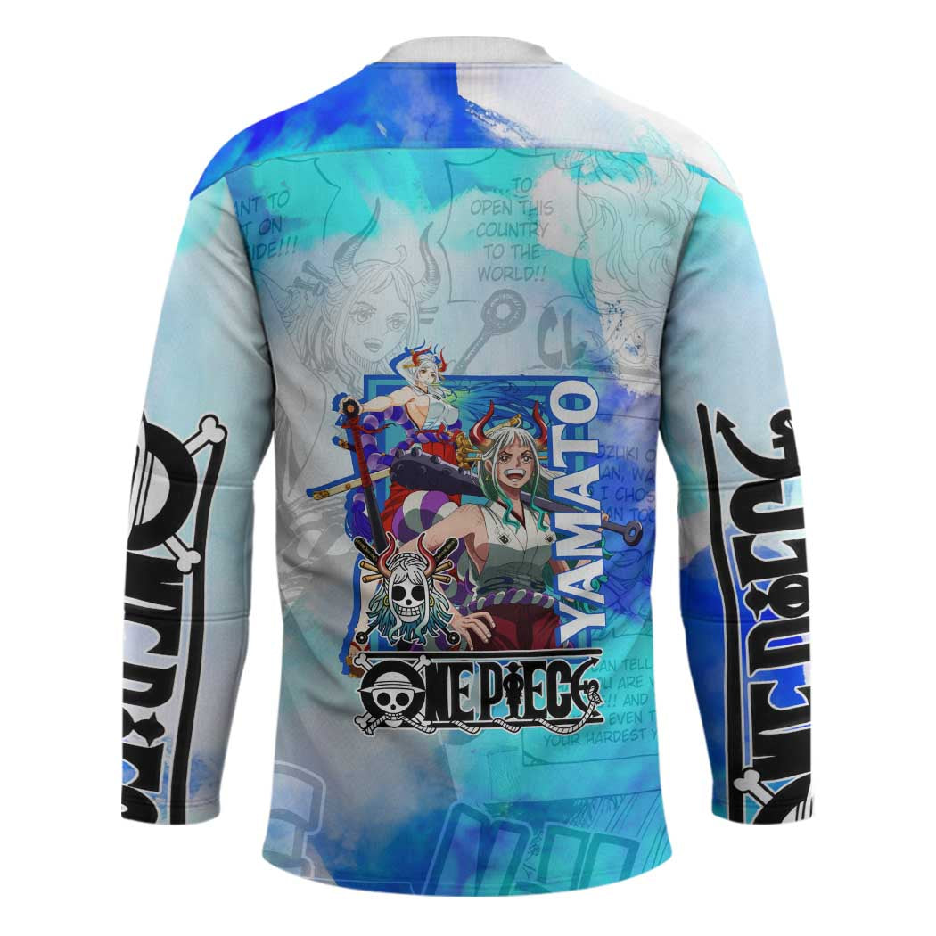 Yamato One Piece Blue Cloud Theme Hockey Jersey with Manga Panels and Oni Horn Character Design - The Mazicc