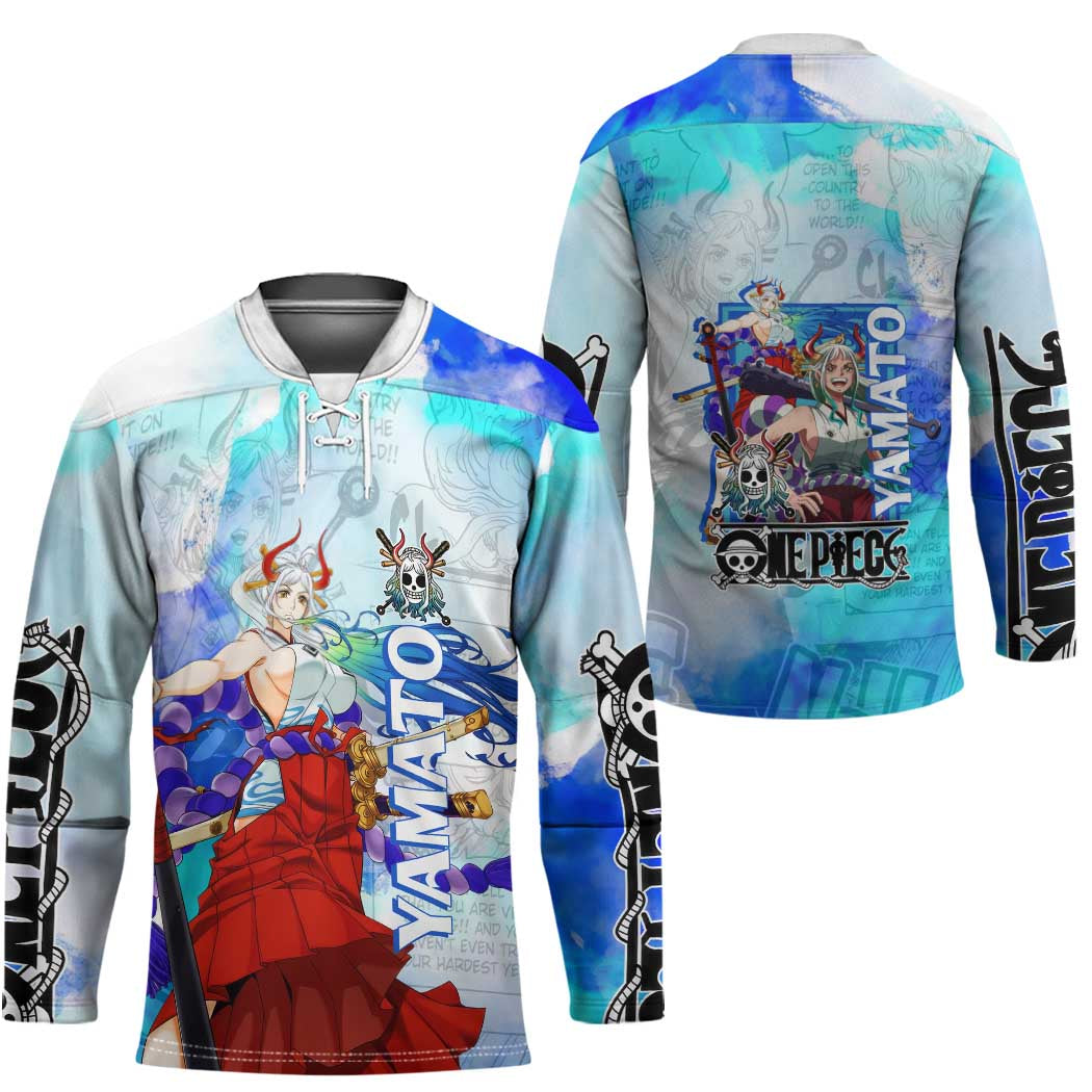 Yamato One Piece Blue Cloud Theme Hockey Jersey with Manga Panels and Oni Horn Character Design - The Mazicc
