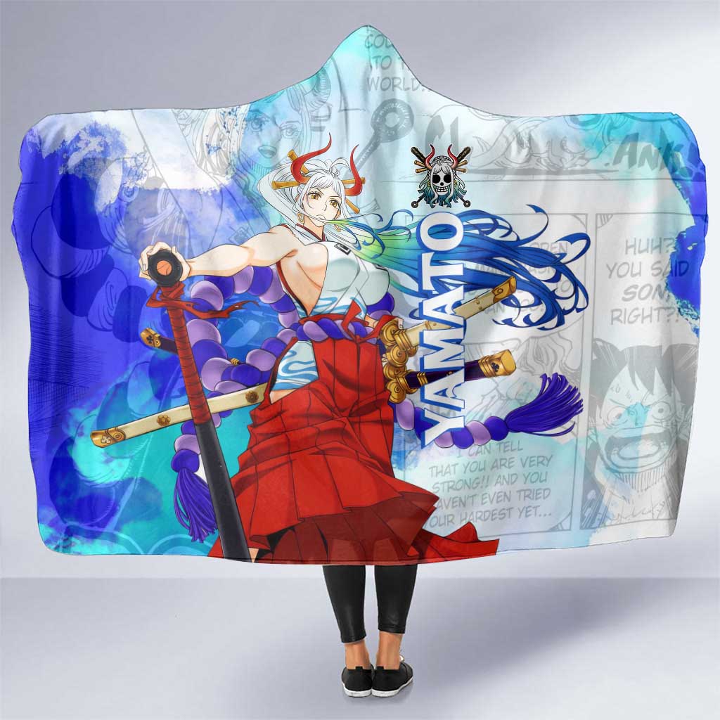 Yamato One Piece Blue Cloud Theme Hooded Blanket with Manga Panels and Oni Horn Character Design - The Mazicc