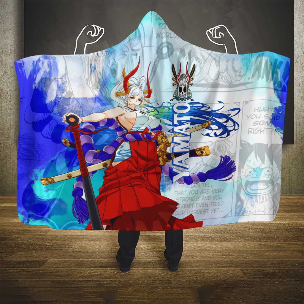 Yamato One Piece Blue Cloud Theme Hooded Blanket with Manga Panels and Oni Horn Character Design - The Mazicc