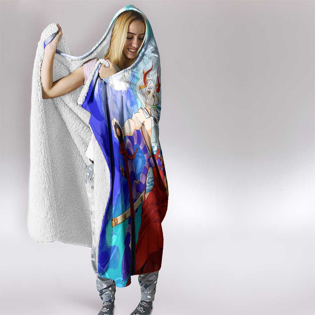 Yamato One Piece Blue Cloud Theme Hooded Blanket with Manga Panels and Oni Horn Character Design - The Mazicc